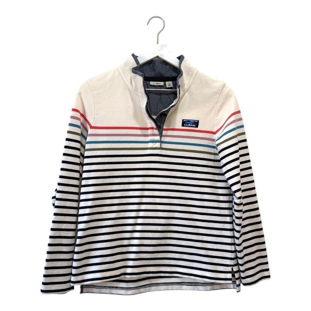 L.L.Bean Striped Quarter Snap Pullover Cream Multicolor Cotton Top Size S